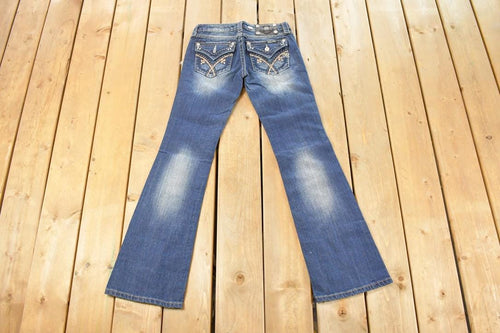 Vintage Deadstock Y2K Miss Me Bedazzled Low Rise Jeans Women's Size 26x31 / Boot Cut Jeans / 2000's Embroidered Contrast Stitched Denim