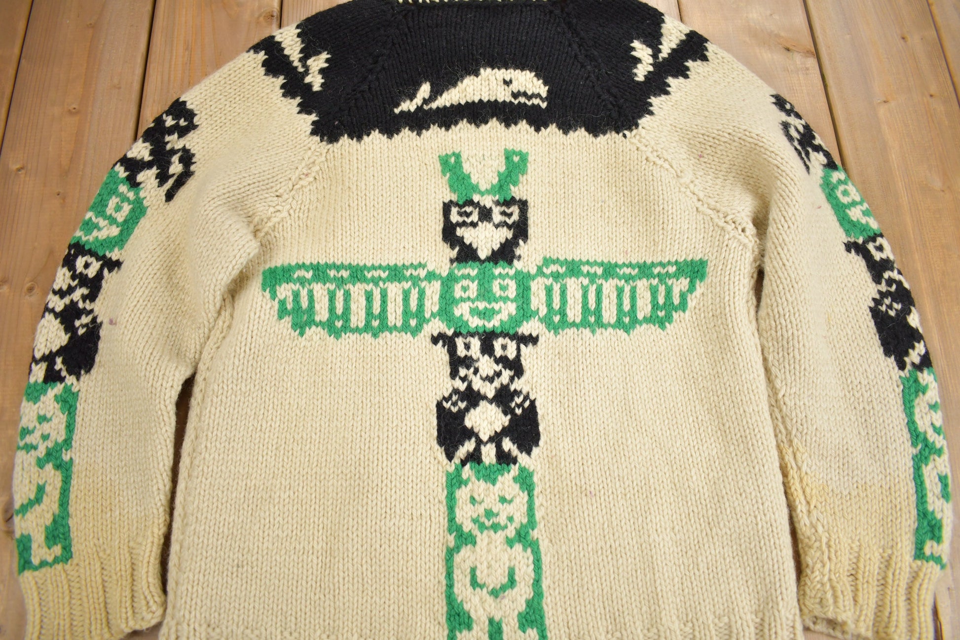 Vintage 1950s Hand-Knit Totem Pole Cowichan Sweater