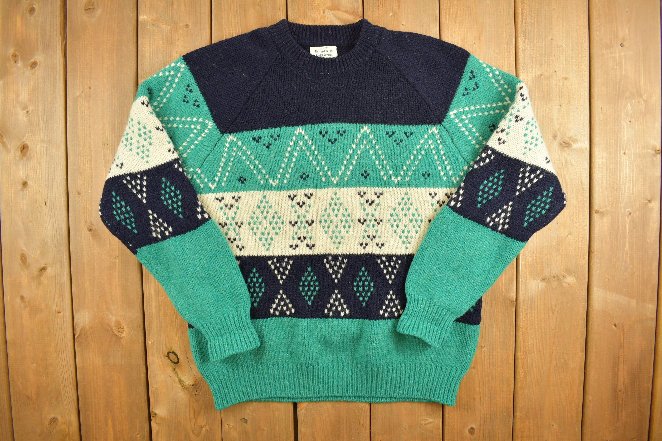 Vintage 1990s United Colors Of Benneton Knitted Sweater  Vintage 90s Crewneck  Pattern Sweater  Shetland Wool  Made In Italy