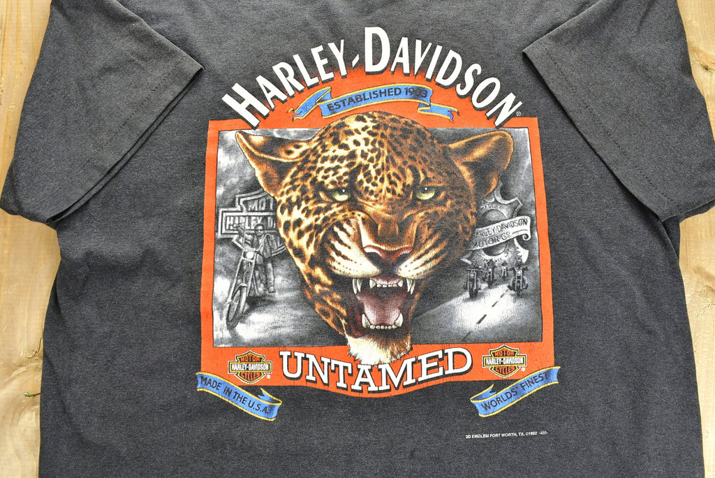 Vintage 1992 Harley Davidson Motorcycles Untamed Cheetah 3D Emblem T-Shirt