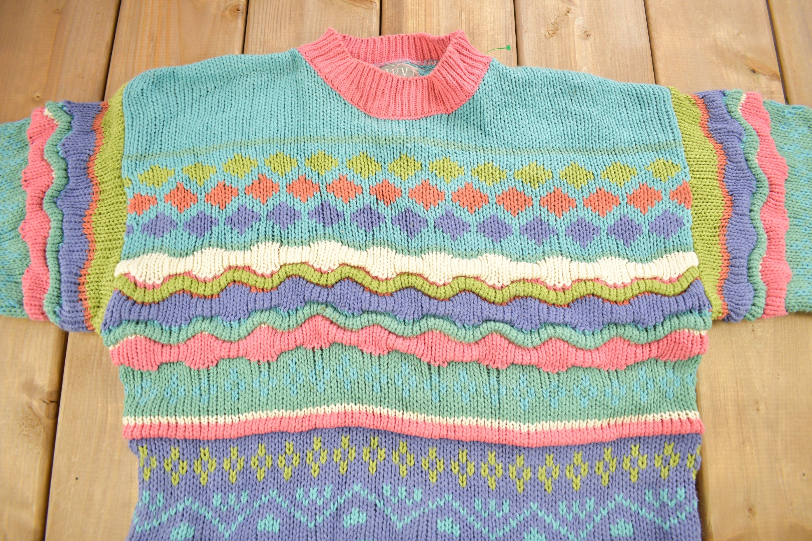 Vintage 1990s IVY Women's 3D Colored Cable Knit Crewneck Sweater