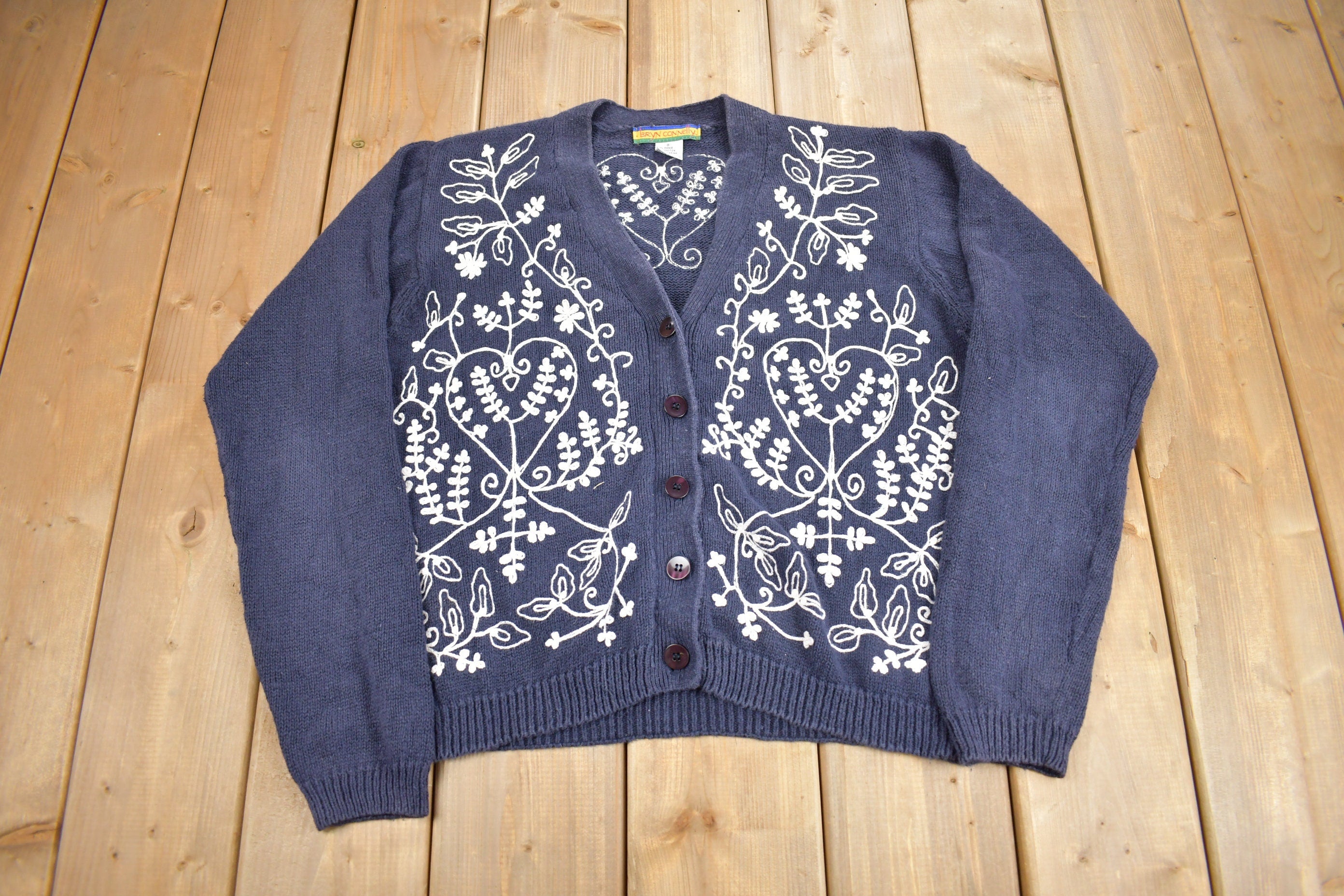 Vintage 1990s Bryn Connelly Embroidered Knit Cardigan Sweater