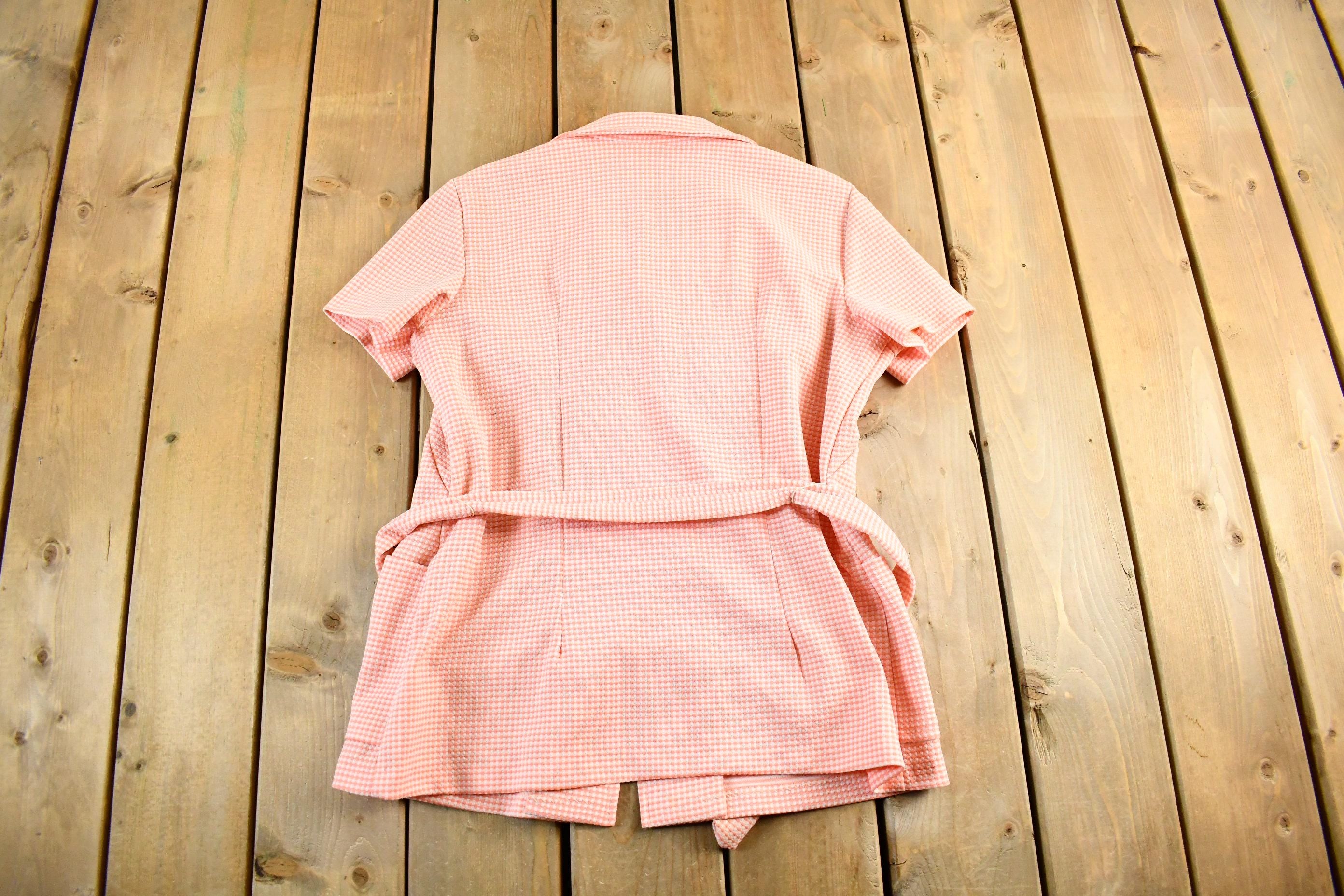 Vintage 1970's Checkered Pattern Button Up Shirt Women's Medium  Disco Collar  Preppy True Vintage