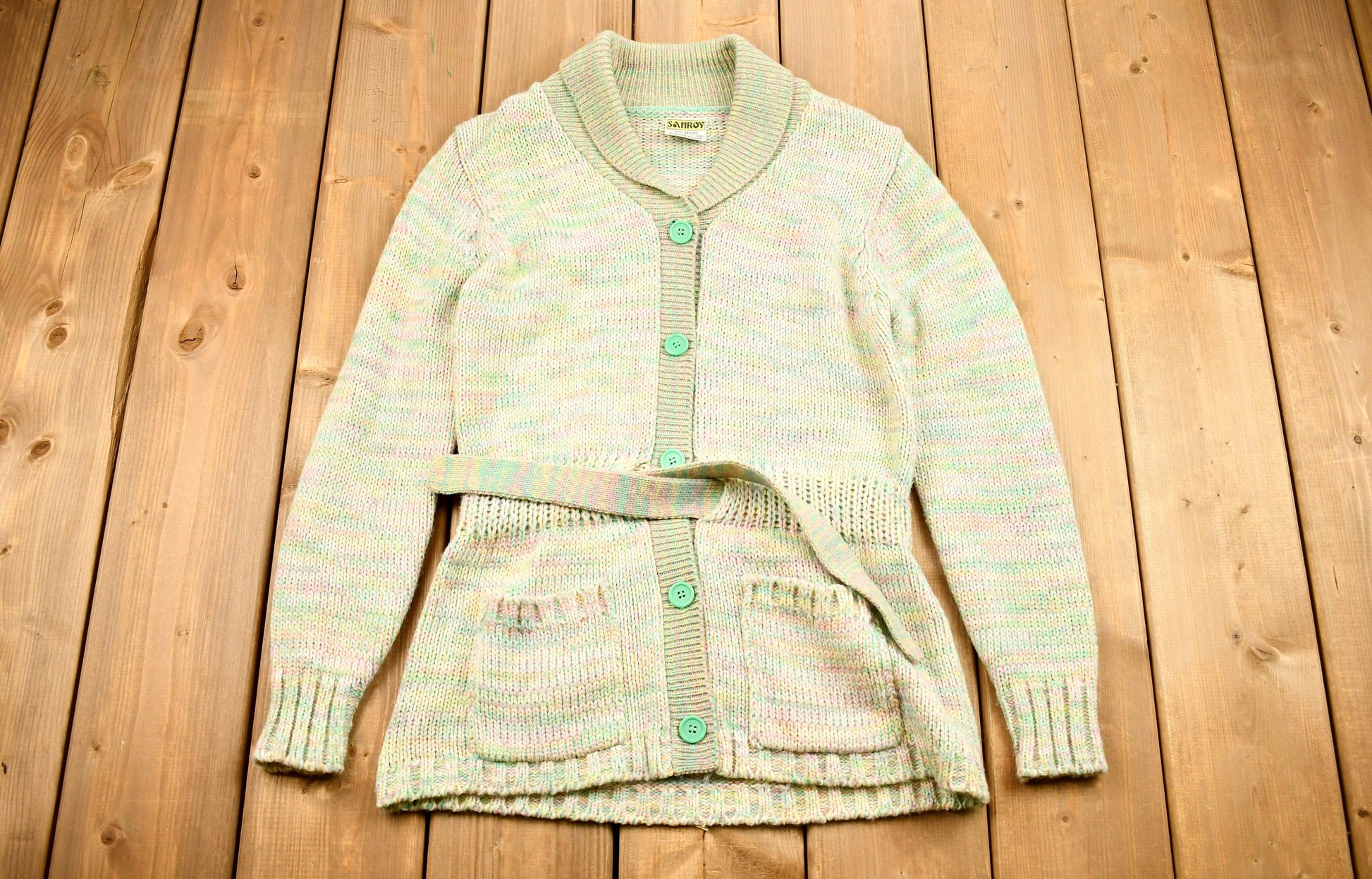 Vintage 1980s Sanroy Button Up Knit Sweater / Colourful Pattern Print / Outdoor / Wilderness / Pullover Sweatshirt / Streetwear