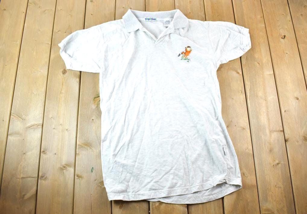 Vintage 1990s Toon Time Garfield Golfing Souvenir Single Stitch Embroidered Polo T-Shirt Made In