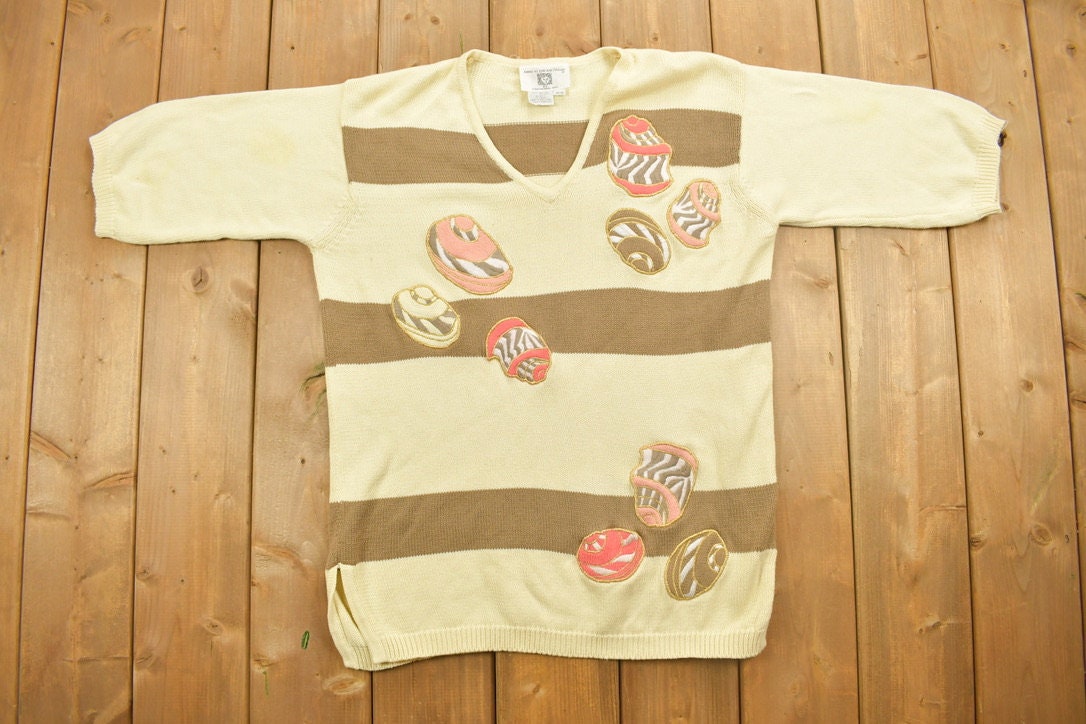 Vintage 1980s Anne Klein Embroidered Striped Knit V-Neck Sweater