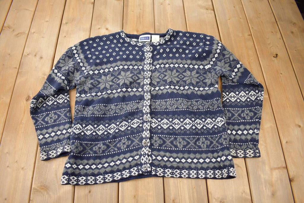 Vintage 1990s Erika & Co Knitted Cardigan Sweater  Vintage Cardigan  Button Up  Striped  Embroidered  Snowflake Theme  Winter Knit