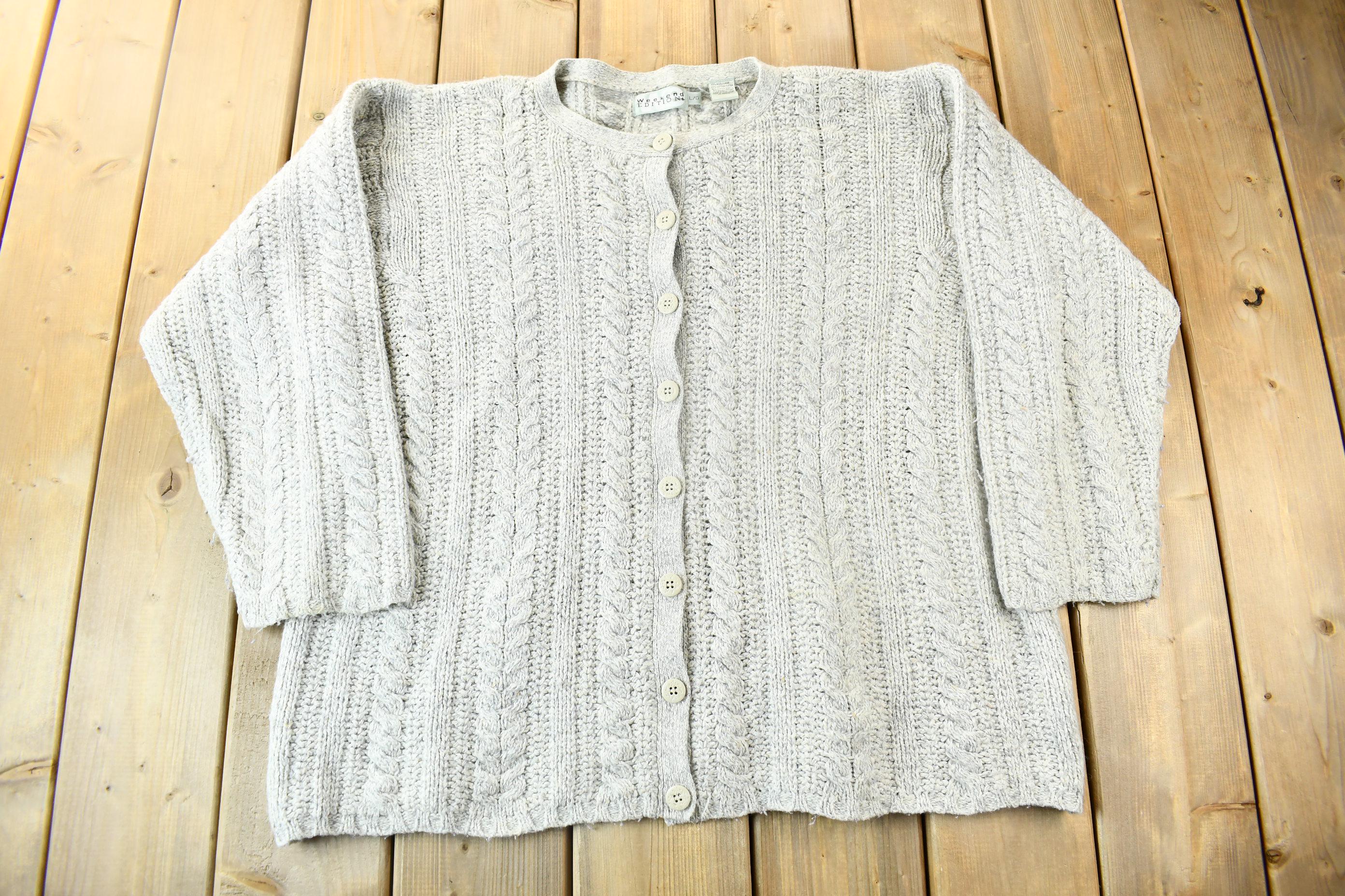 Vintage 1990s Weekend Edition Grey Cable Knit Cardigan Sweater