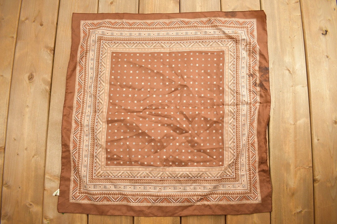 Vintage 1980s Brown Geometric Border Pattern Scarf