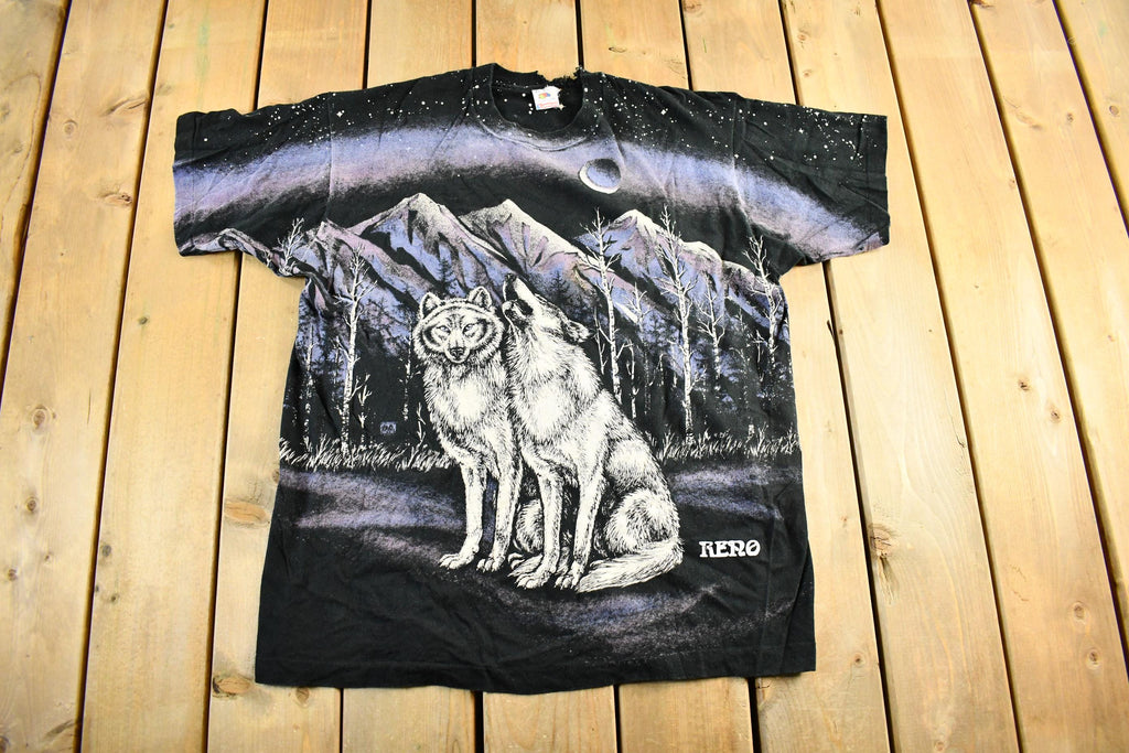 Vintage 1990s Wolf Theme All Over Print Graphic T-Shirt Men's XL