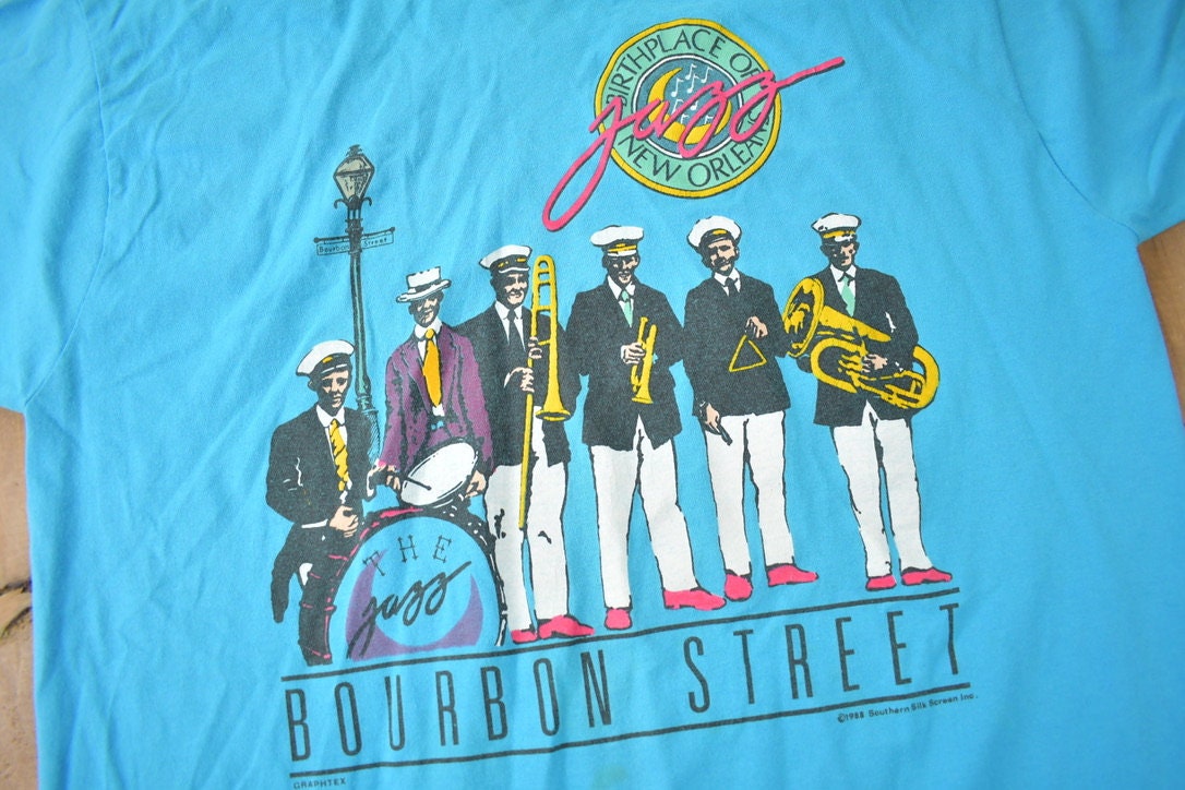 Vintage 1988 Bourbon Street New Orleans Jazz Graphic Souvenir Travel T Shirt Made In USA