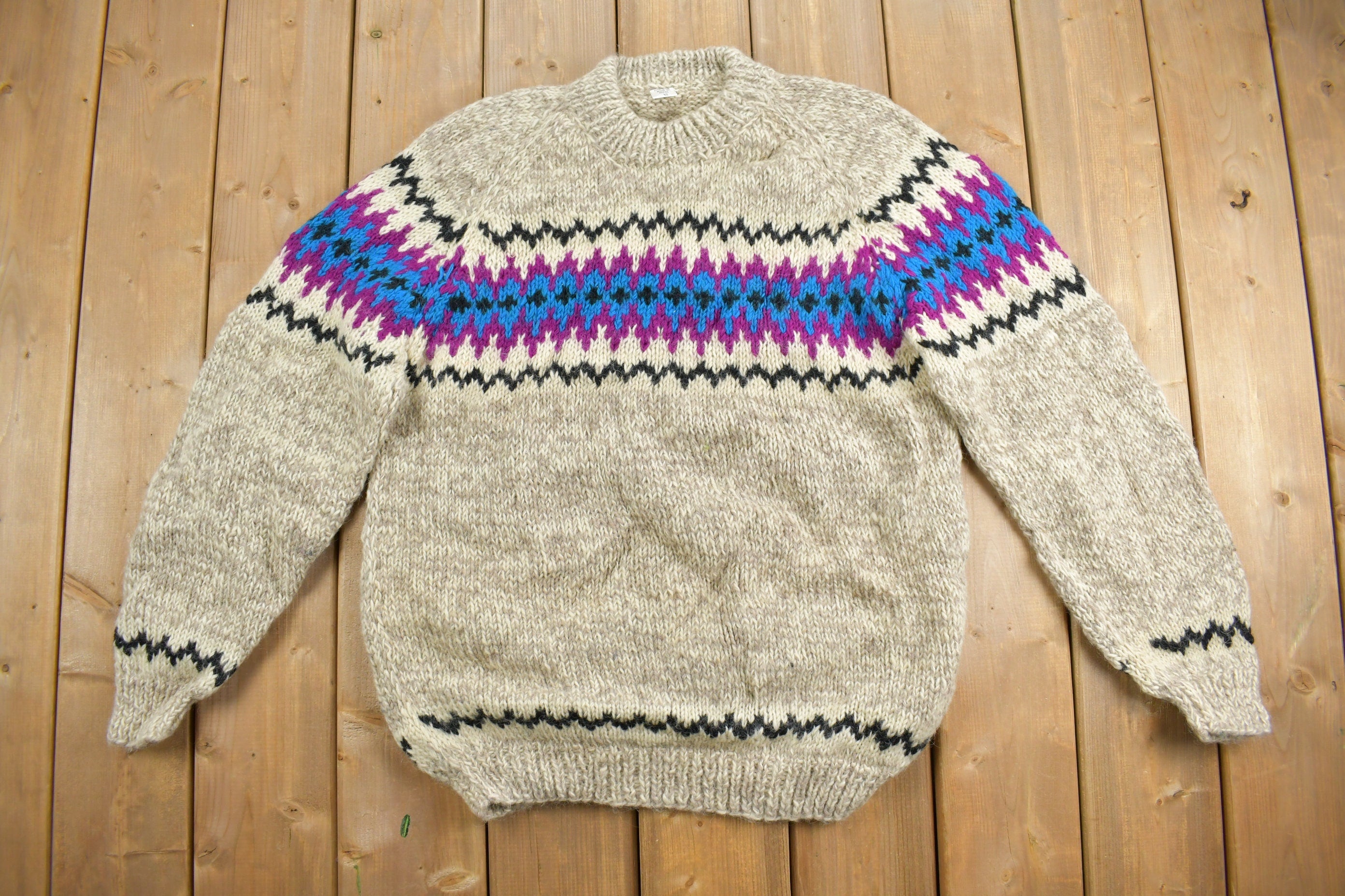 Vintage 1980s Hand Made 100% Wool Knit Heavy Knit Sweater