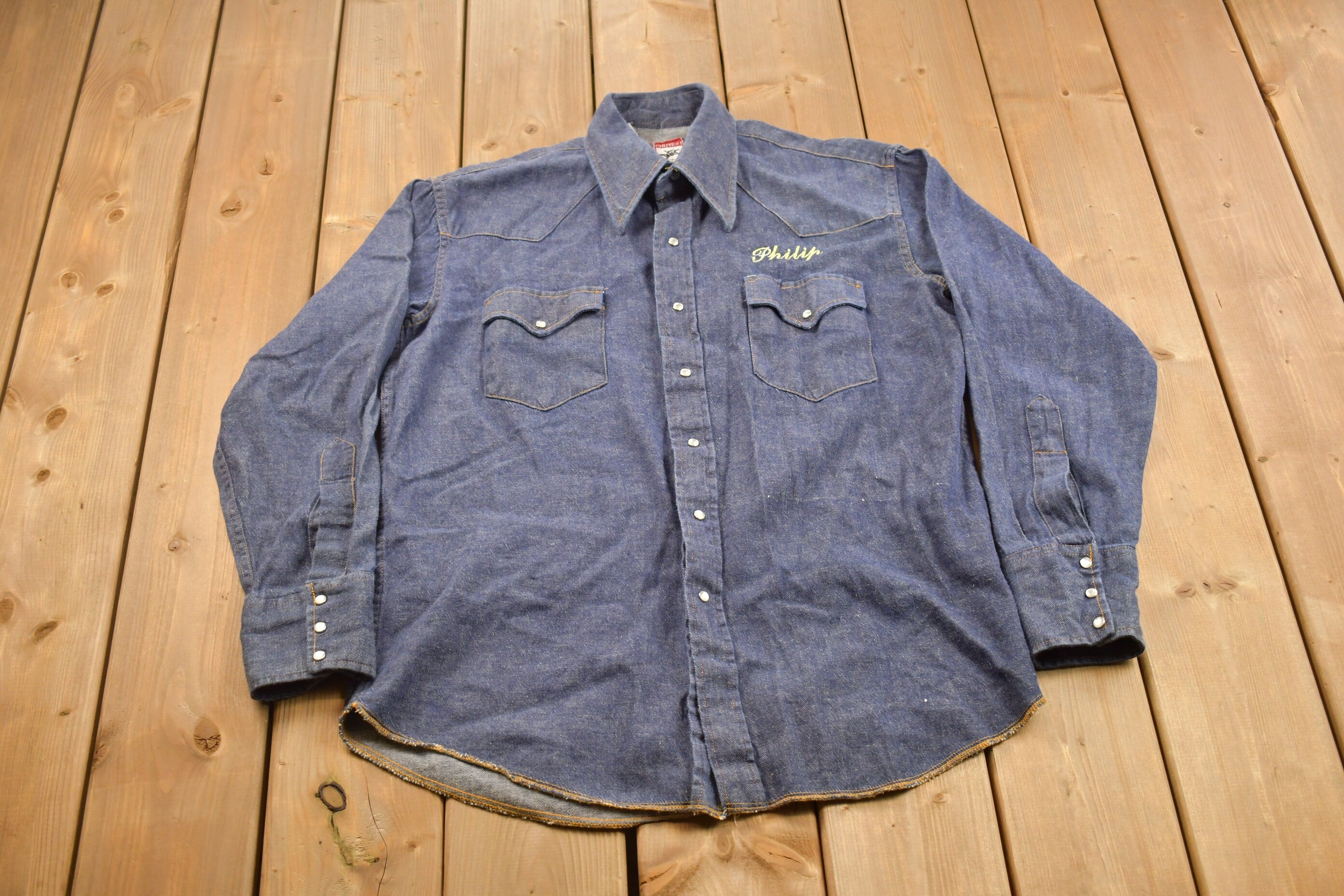 Vintage 1990s Western Embroidered Denim Button Up Shirt