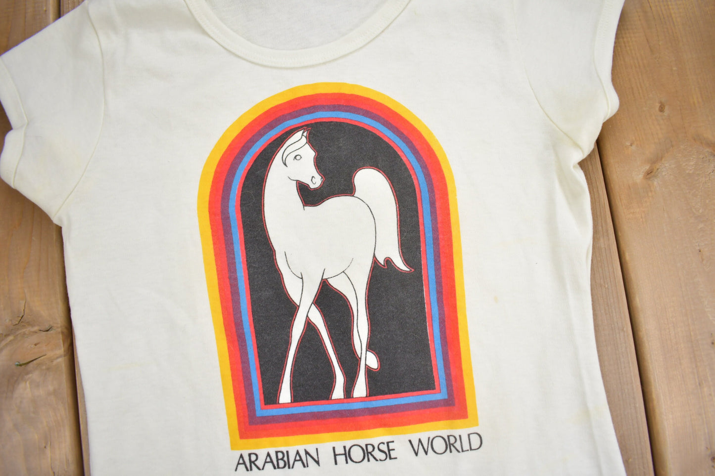 Vintage 1970s Arabian Horse World Graphic Ringer T Shirt / Vintage T Shirt / Streetwear / Single Stitch / Made In USA