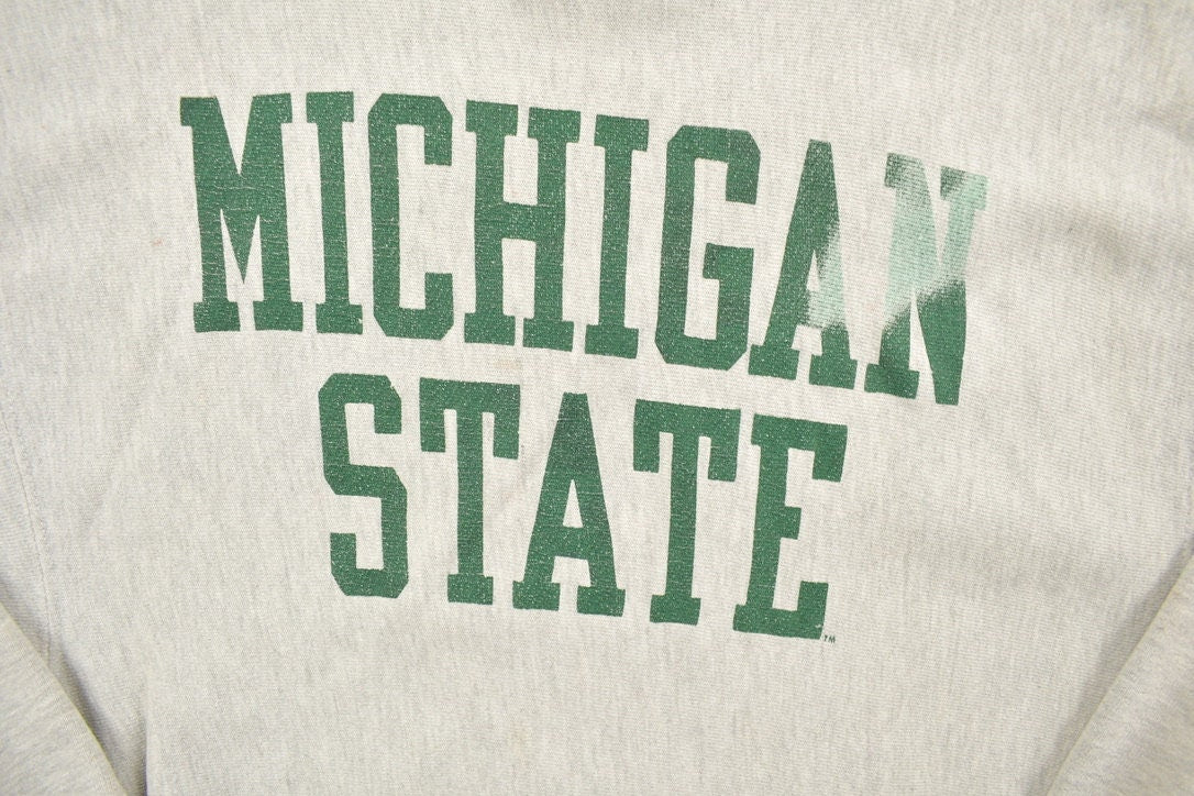 Vintage 1990s Distressed Grey Michigan State University Champion Crewneck Sweatshirt  NCAA  Americana  Sportswear  Athleisure  Gym