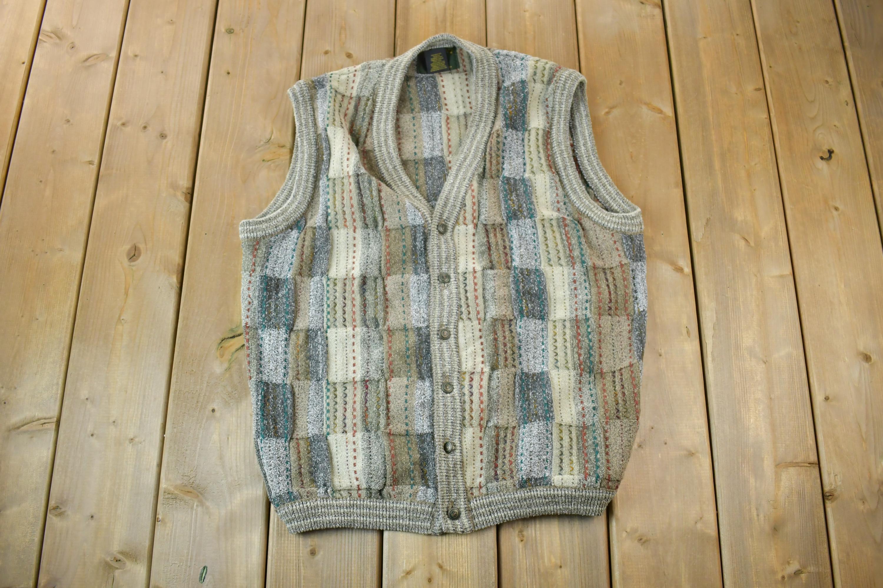 Vintage 1990s Tosani Cardigan Knit Sweater Vest  90s Crewneck  Made In Canada  Preppy
