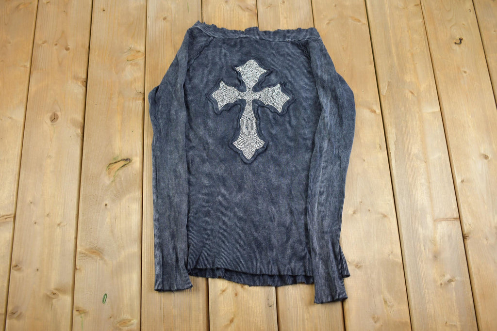 Vintage Y2k Voral Rhinestone Cross Faded Long Sleeve Shirt