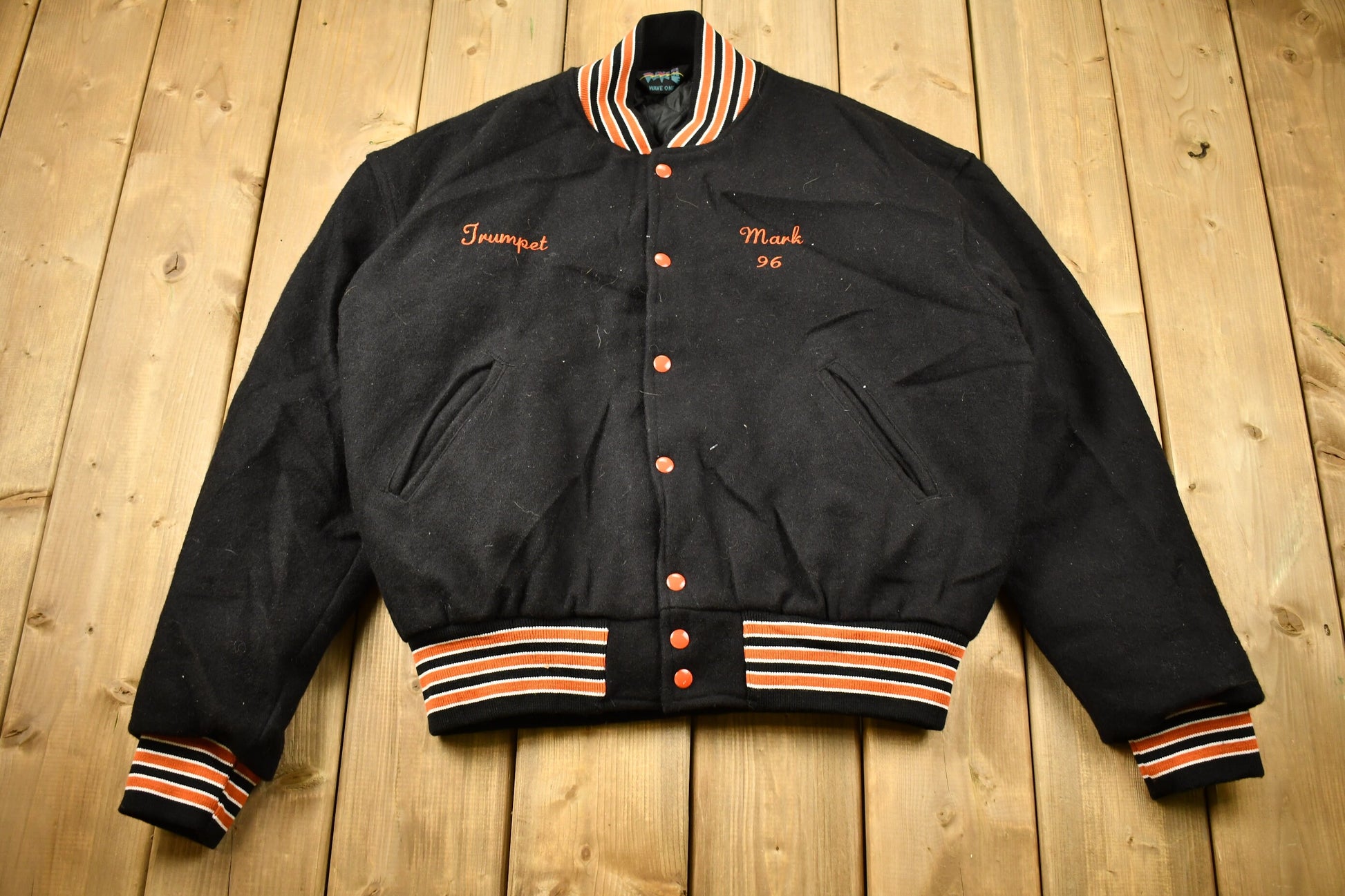 Vintage 1990s Benton Music Wool Varsity Jacket / Embroidered / Orange & Black / Quilted Jacket / Streetwear Fashion / 1990s