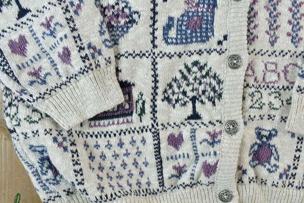 Vintage 1990s Premier Knitwear School Theme Button Up Cable Knit Sweater