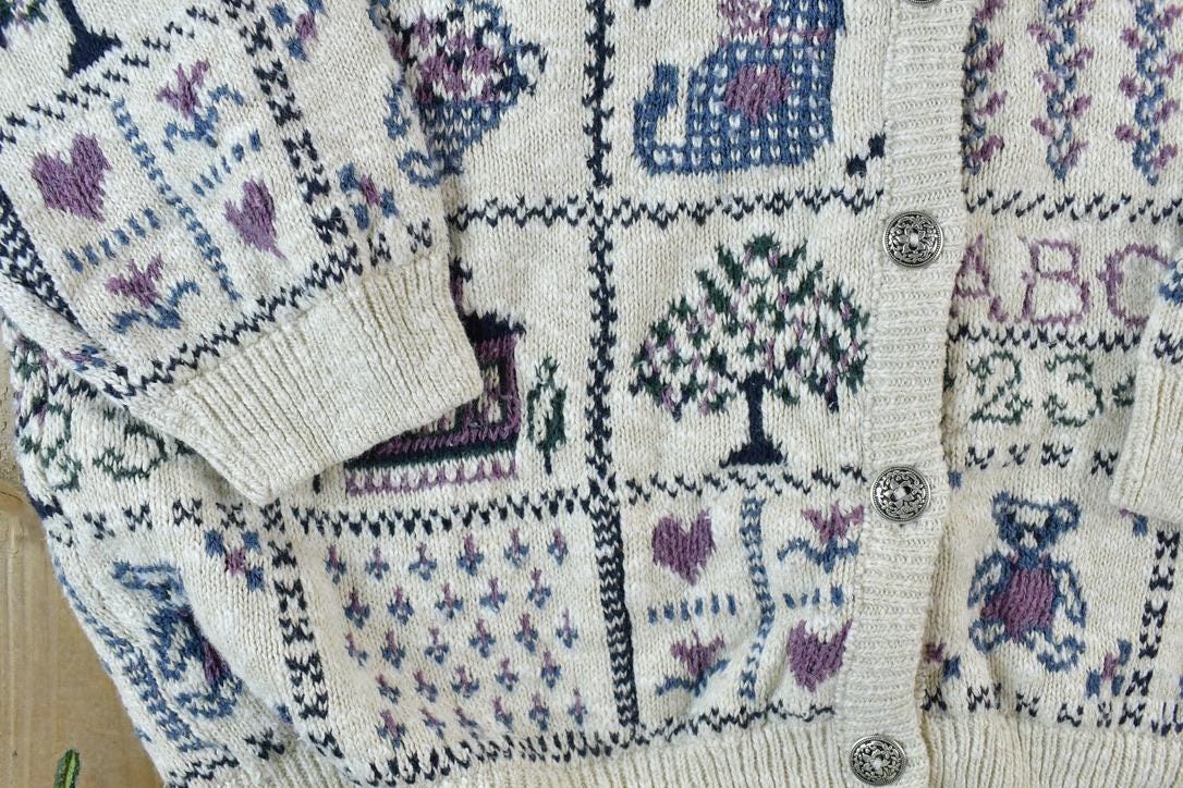 Vintage 1990s Premier Knitwear School Theme Button Up Cable Knit Sweater