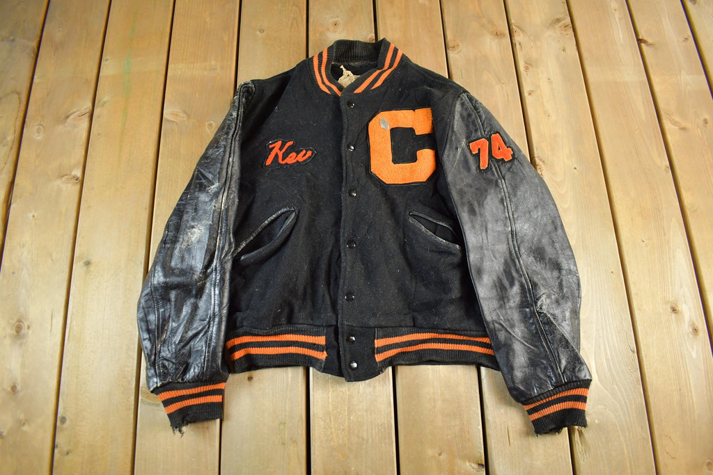 Vintage 1960s Wool Varsity Jacket: Leather Sleeves, Men's Medium