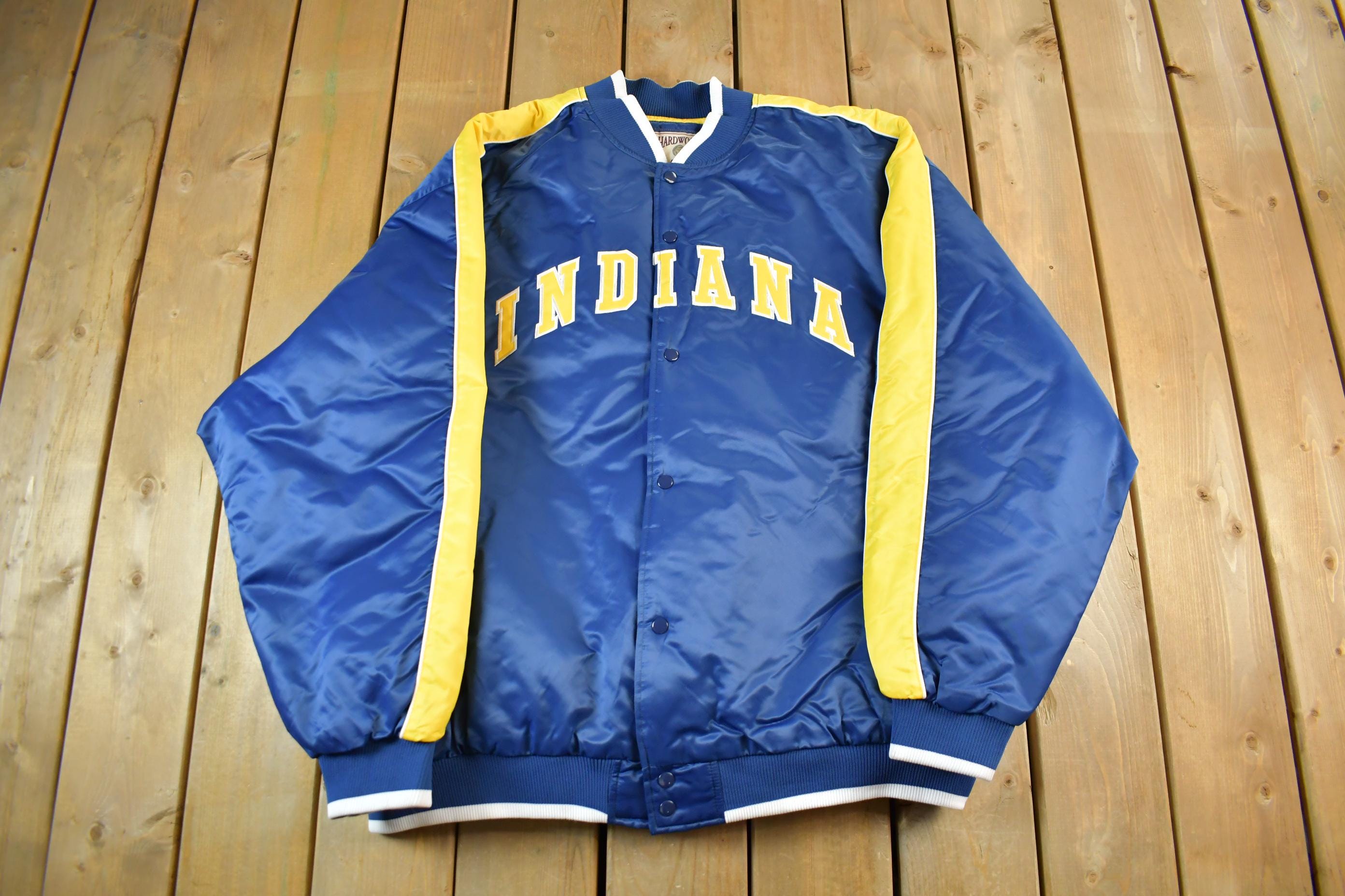 Vintage 2000s Hardwood Classics Indiana Pacers NBA Basketball Embroidered Snap Button Satin Bomber Jacket Mens 3XL