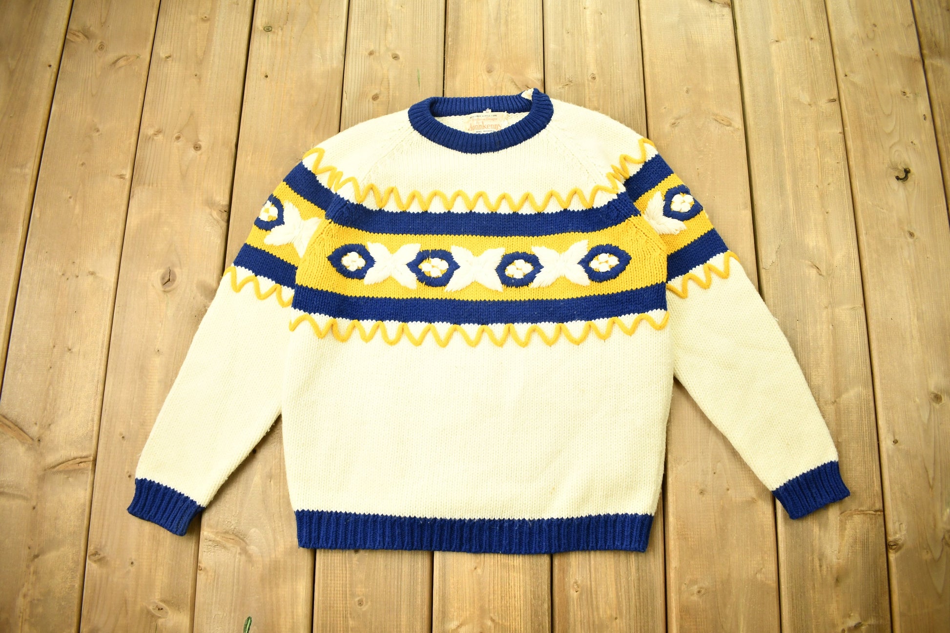 Vintage 1970s Don Kenny Acrylic Knitted Raglan Crewneck Sweater  True Vintage  All Over Pattern  Colorful Sweatshirt  Abstract