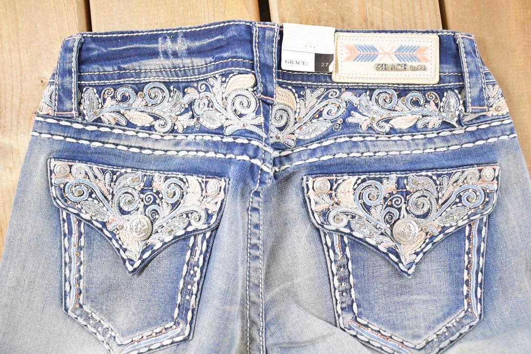 Vintage Deadstock Y2K Grace In LA Bedazzled Low Rise Jeans Women's Size 27 x 32