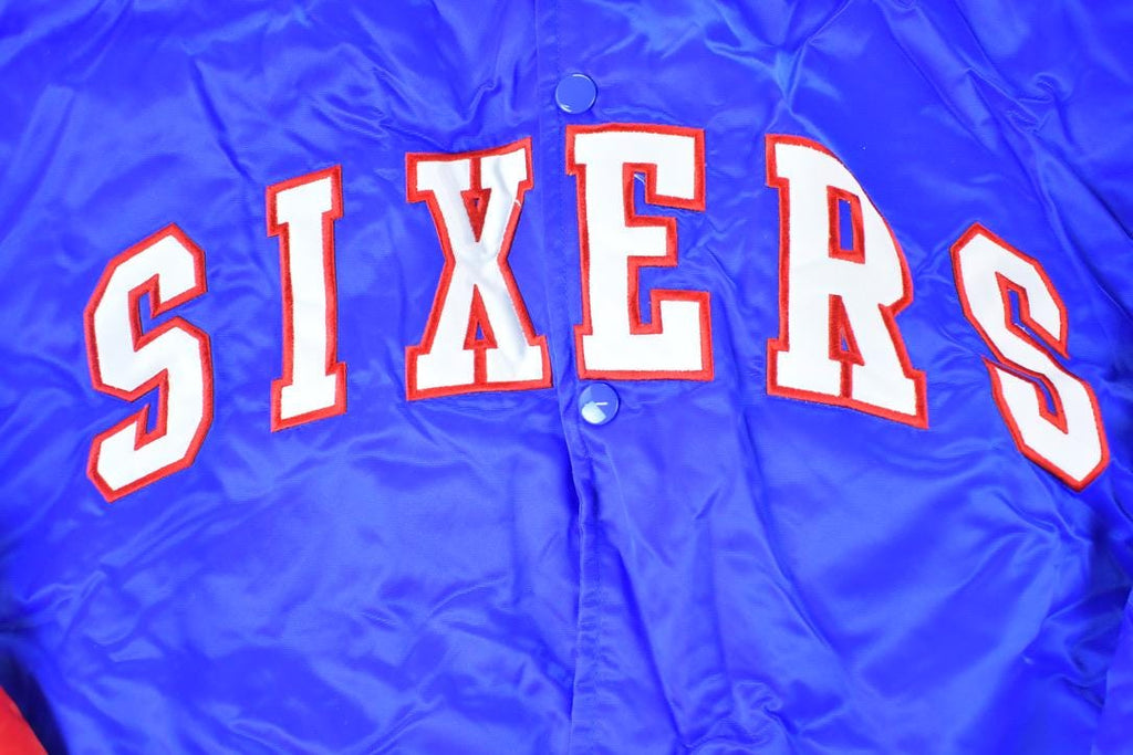 Vintage 1990s Deadstock NBA Hardwood Classics Philadelphia 76ers Satin Button Up Windbreaker Basketball Jacket