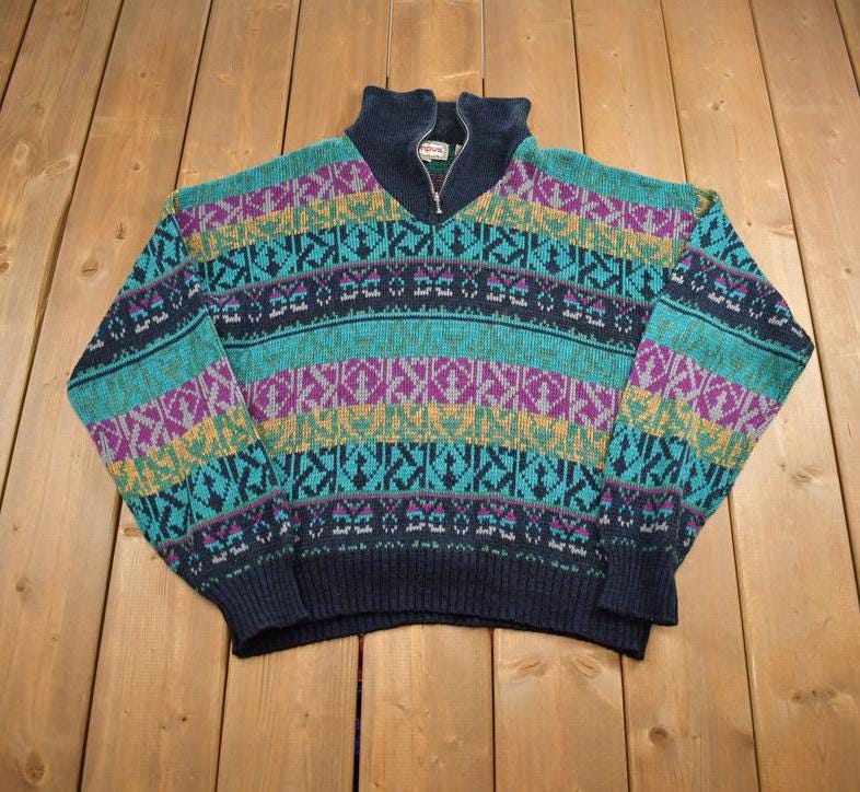 Vintage 1990s Campus Colourful Abstract Pattern Knit Zip Up Sweater