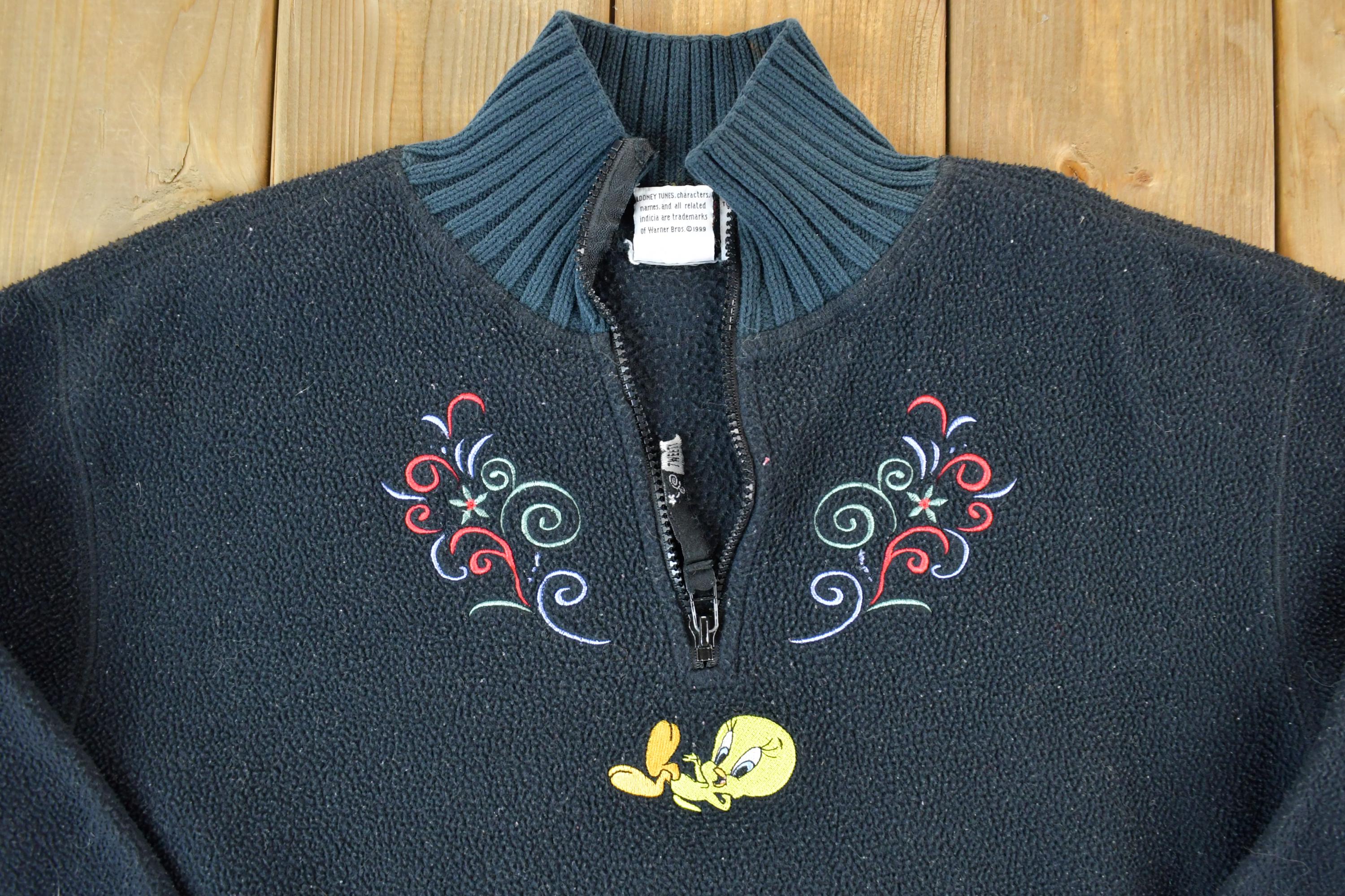Vintage 1990s Tweety Bird Embroidered Quarter Zip Fleece Sweater