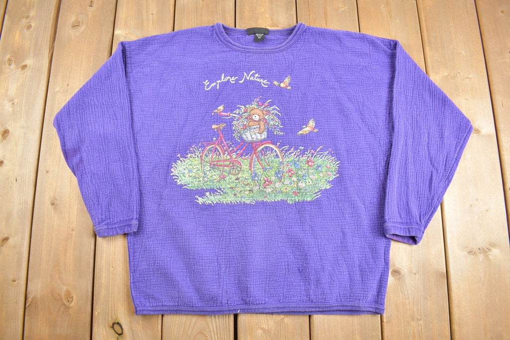 Vintage 1990s Chic Cute Teddy Bear Explore Nature Crewneck Sweater