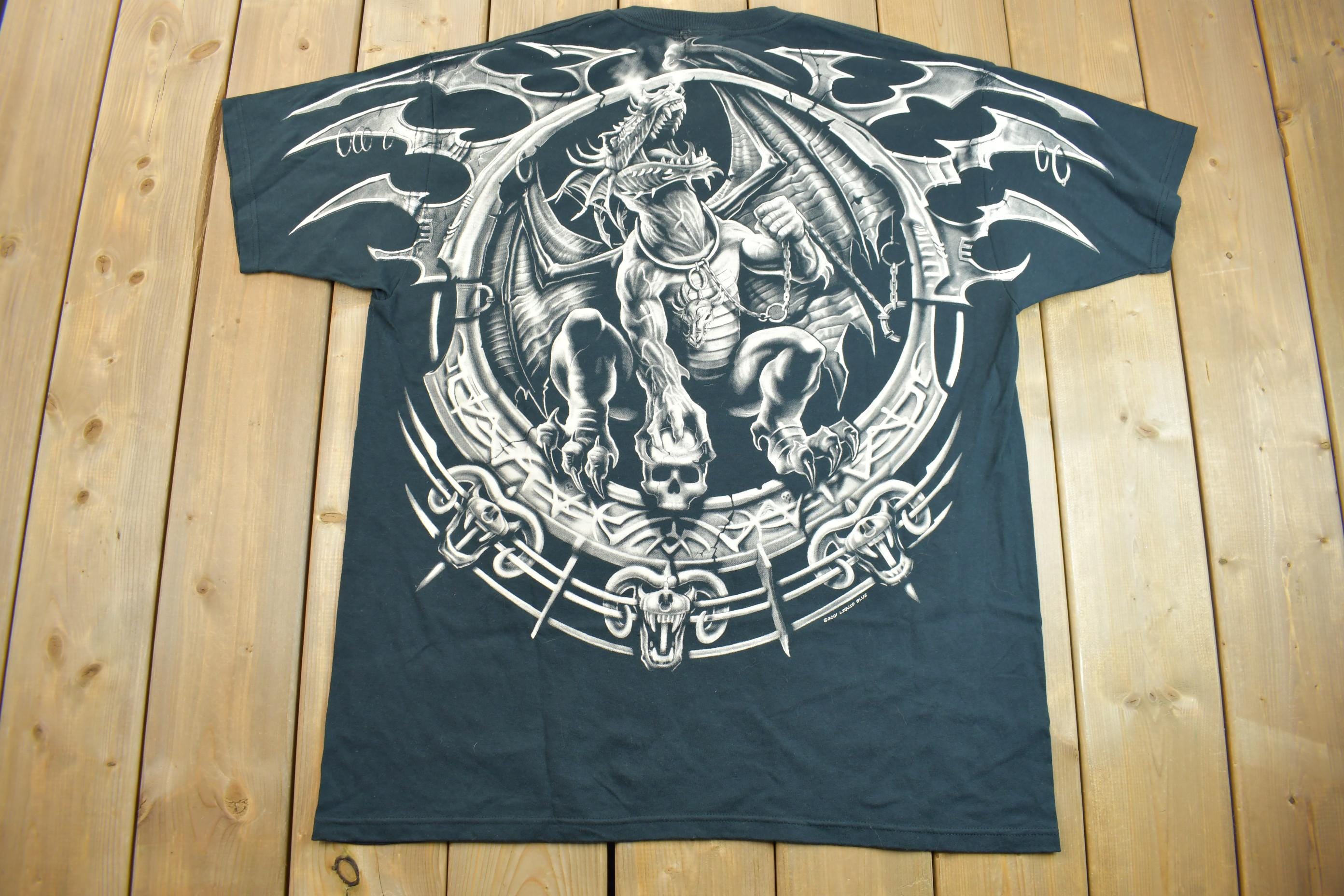 Vintage 2001 Deadstock Liquid Blue Dragon Wizard Big Graphic T-Shirt