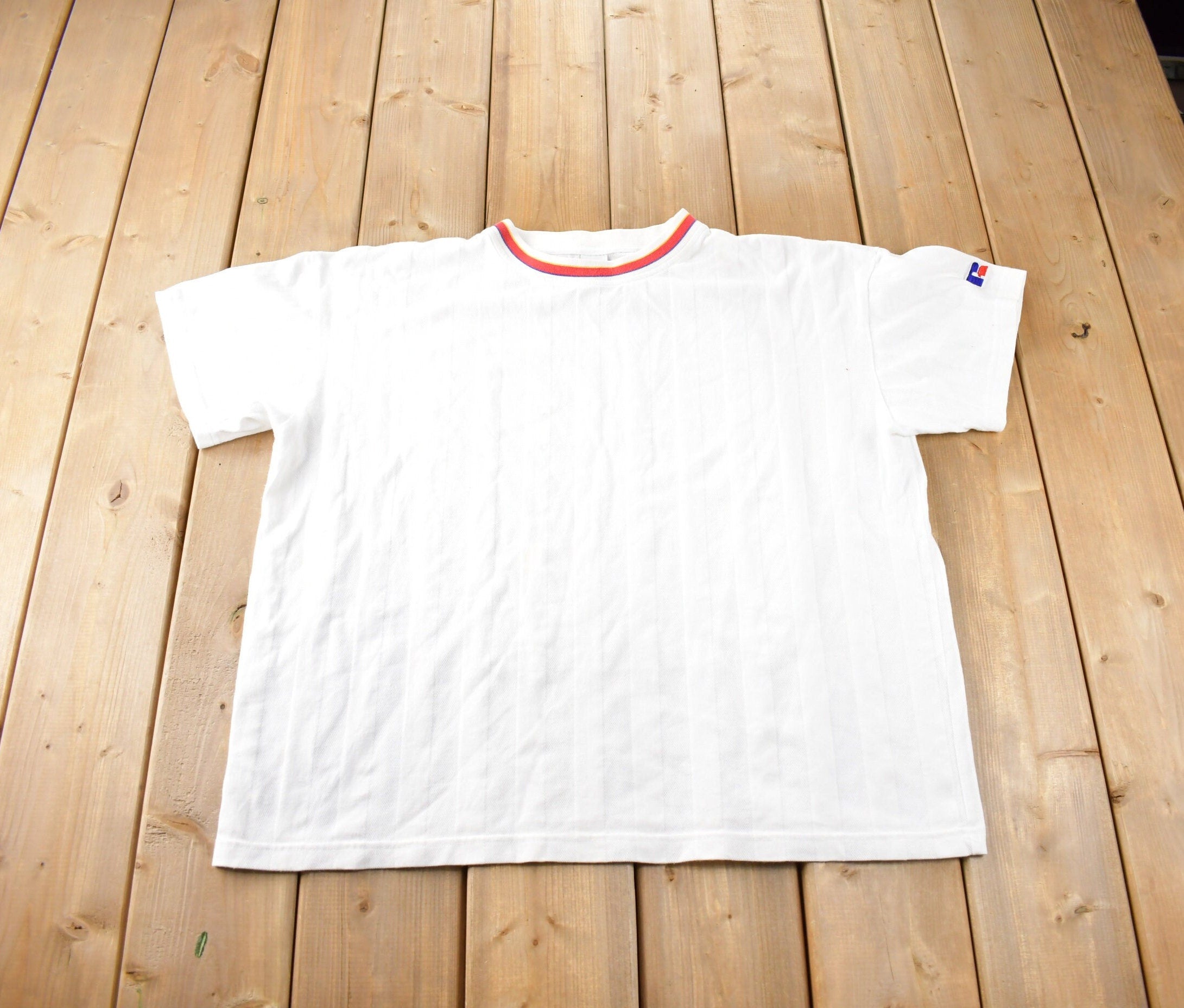 Vintage 1990s Russell Athletic Embroidered Graphic T Shirt Made In USA Size XL