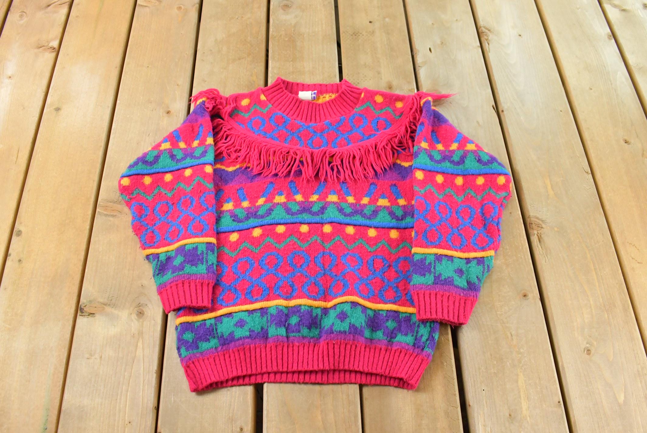 Vintage 1990s Mount Snow Abstract Knit Crewneck Sweater Youth L / Fringe Tassels Knitted Sweatshirt / Made in USA