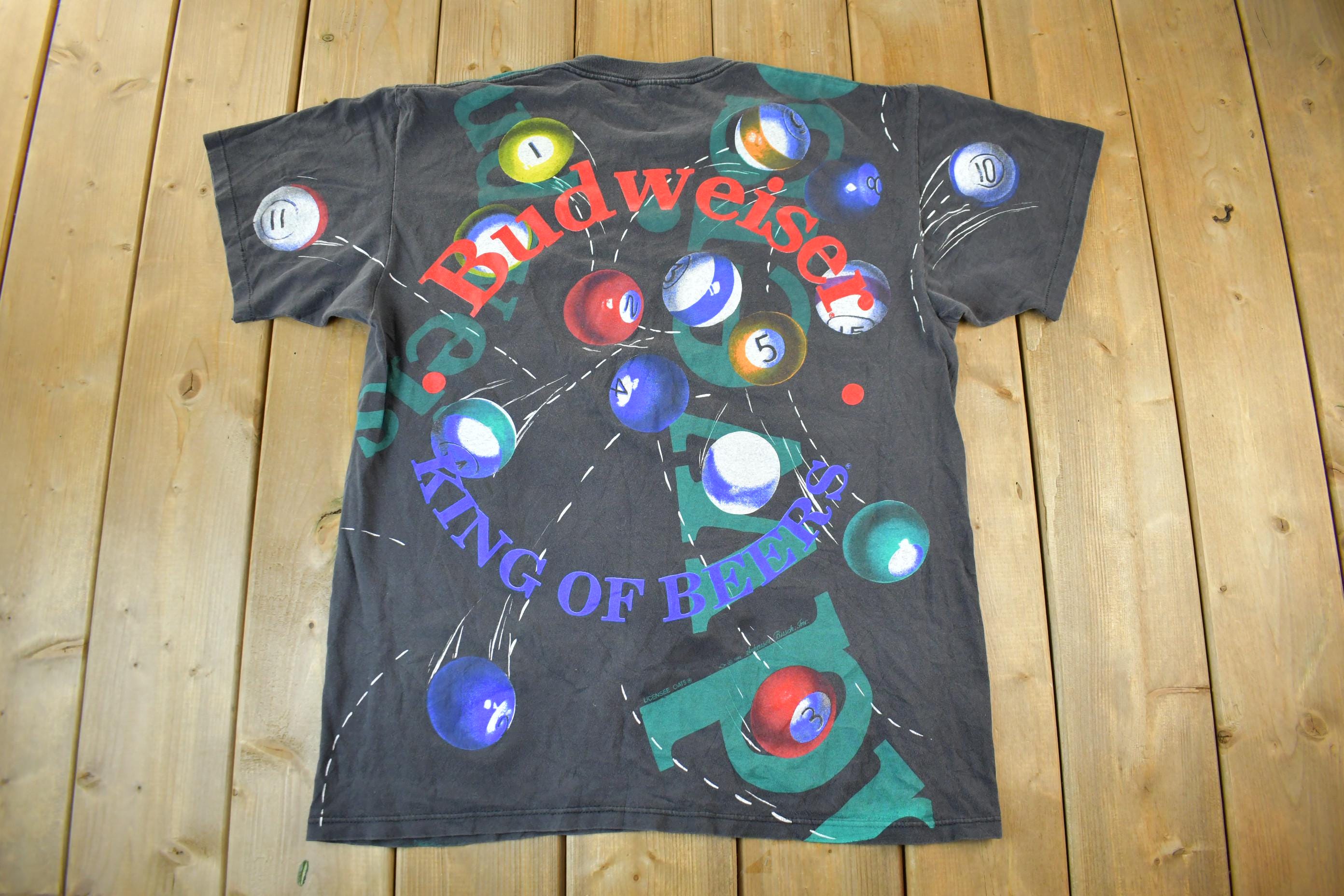 Vintage 1992 Budweiser Billiards Pool All Over Print Graphic T-Shirt Men's Large