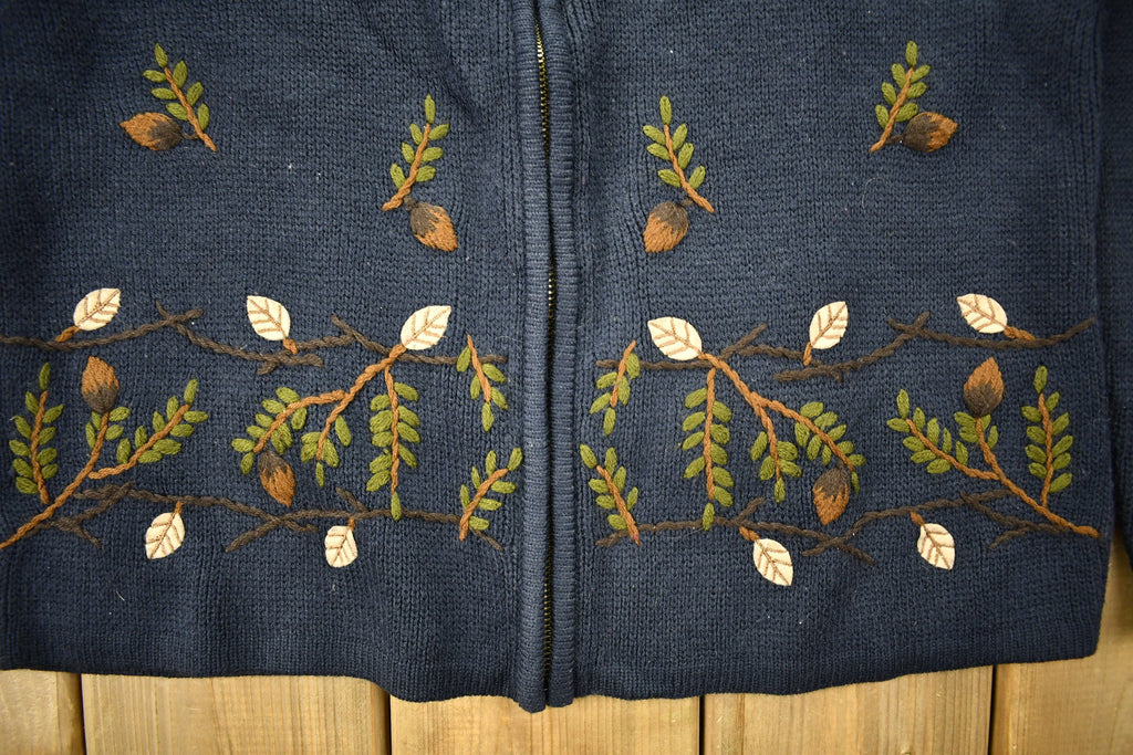 Vintage 1990s Embroidered Leaves Theme Knitted Zip Up Sweater