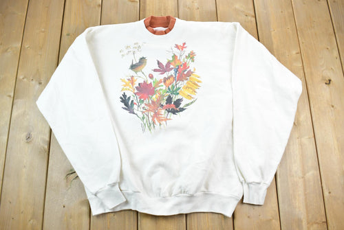 Vintage 1990s Leaf Birds Cute Fall Style Crewneck Sweater / 90s Crewneck / Grandma Sweater / Streetwear / Made In USA / Animal Theme