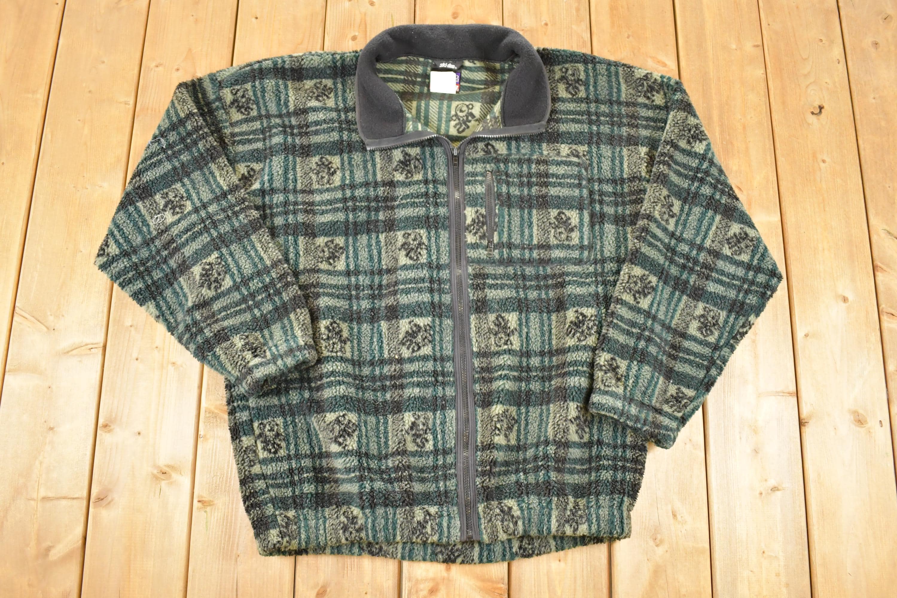 Vintage 1990s Ski Doo Sno Gear Plaid Knit Full Zip Heavy Sweater Mens L