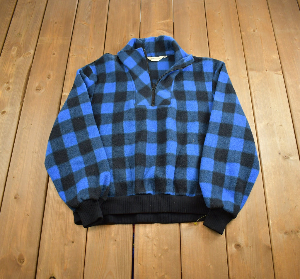 Vintage 1980s St. Johns Bay Blue Buffalo Plaid Fleece Sweater Made In Canada