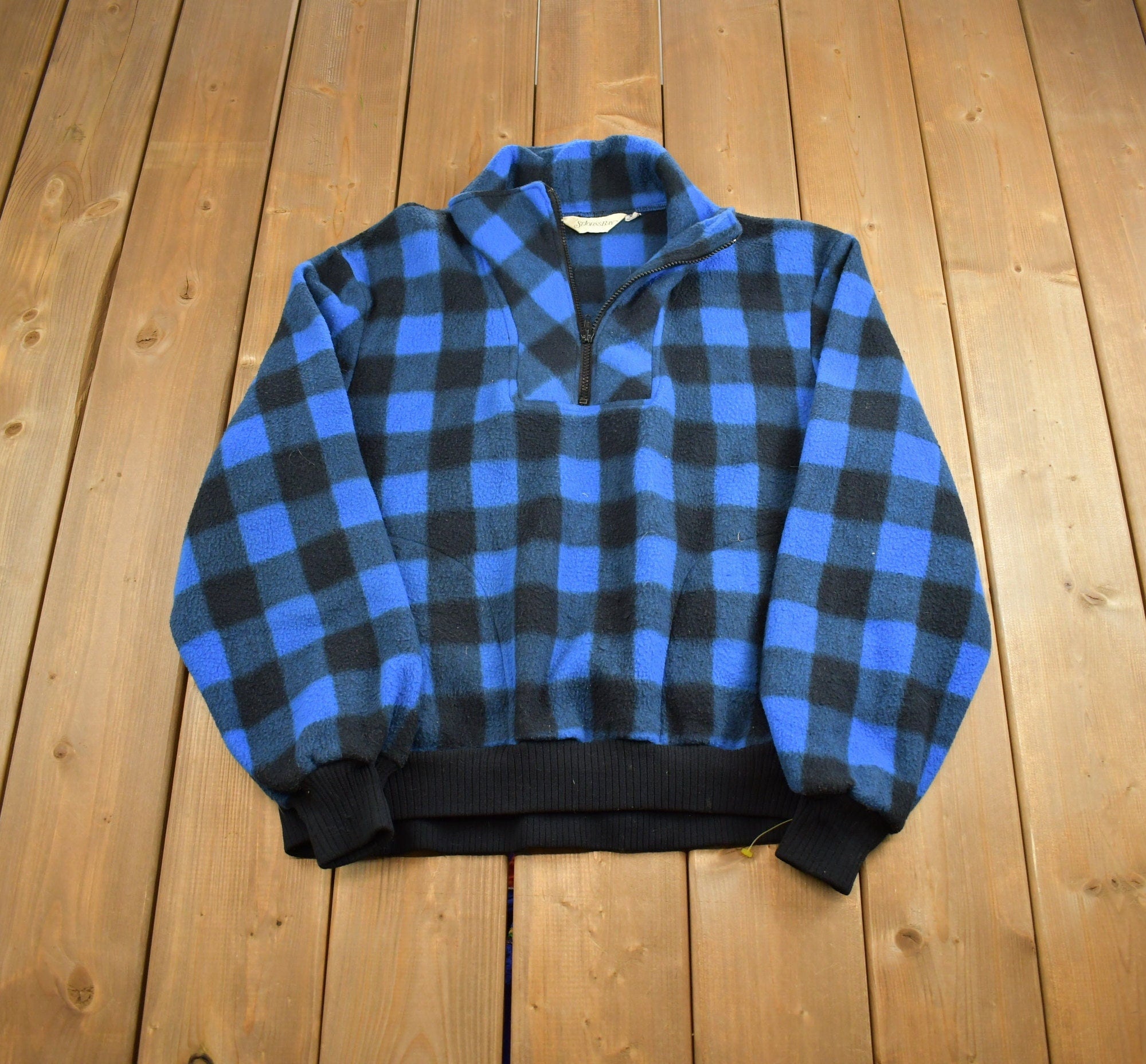 Vintage 1980s St. Johns Bay Blue Buffalo Plaid Fleece Sweater Made In Canada