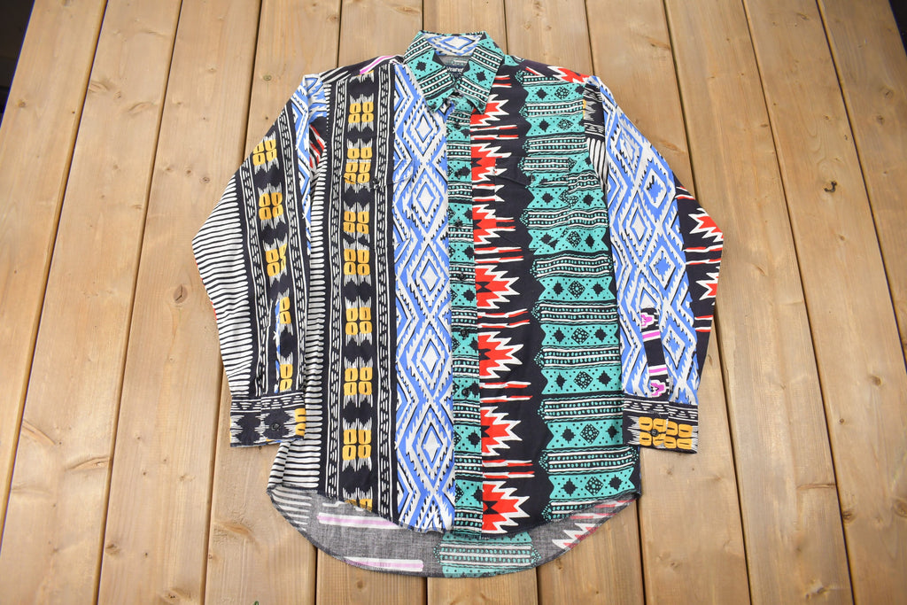 Vintage 1990s South Western All Over Print Wrangler Cowboy Cut X Long Tails Button Up Shirt