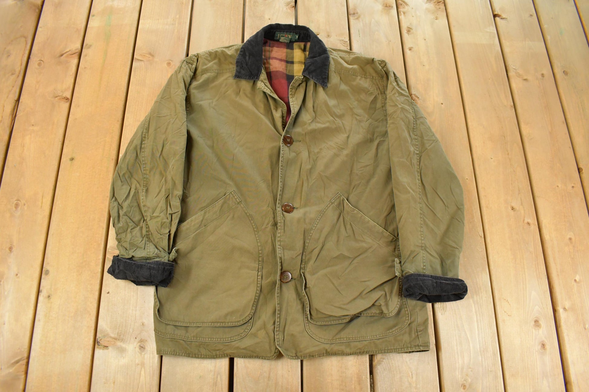 Vintage 1990s J. Crew Plaid Lined Chore Coat Men's Small