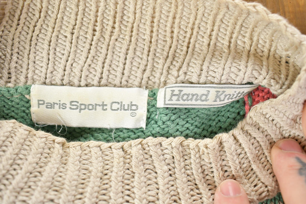 Vintage 1990s Paris Sports Club Floral Hand Knit Crewneck Sweater / 90s Crewneck / Preppy