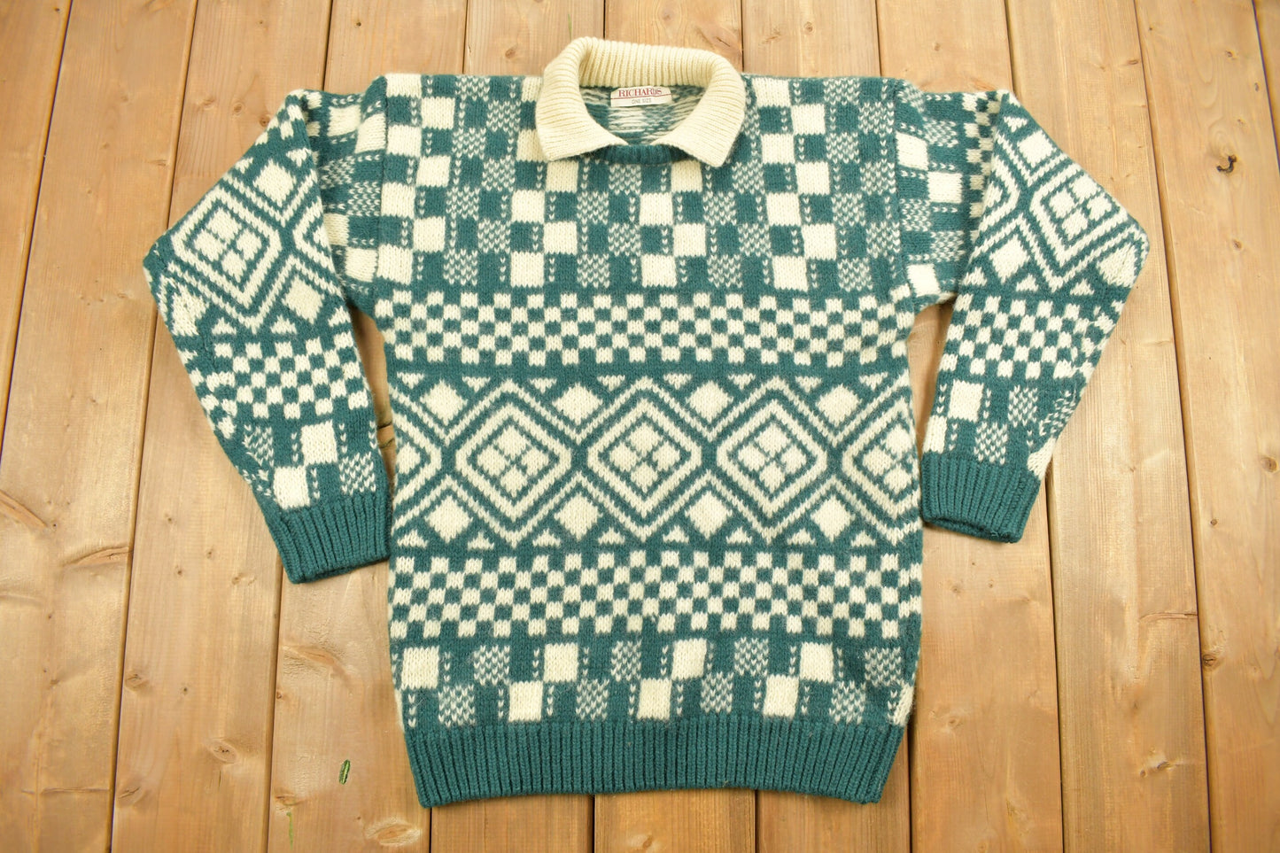 Vintage 1970s Richards Patterned Knit Collared Sweater / Vintage 90s Crewneck / All Over Pattern / Sweatshirt / Abstract