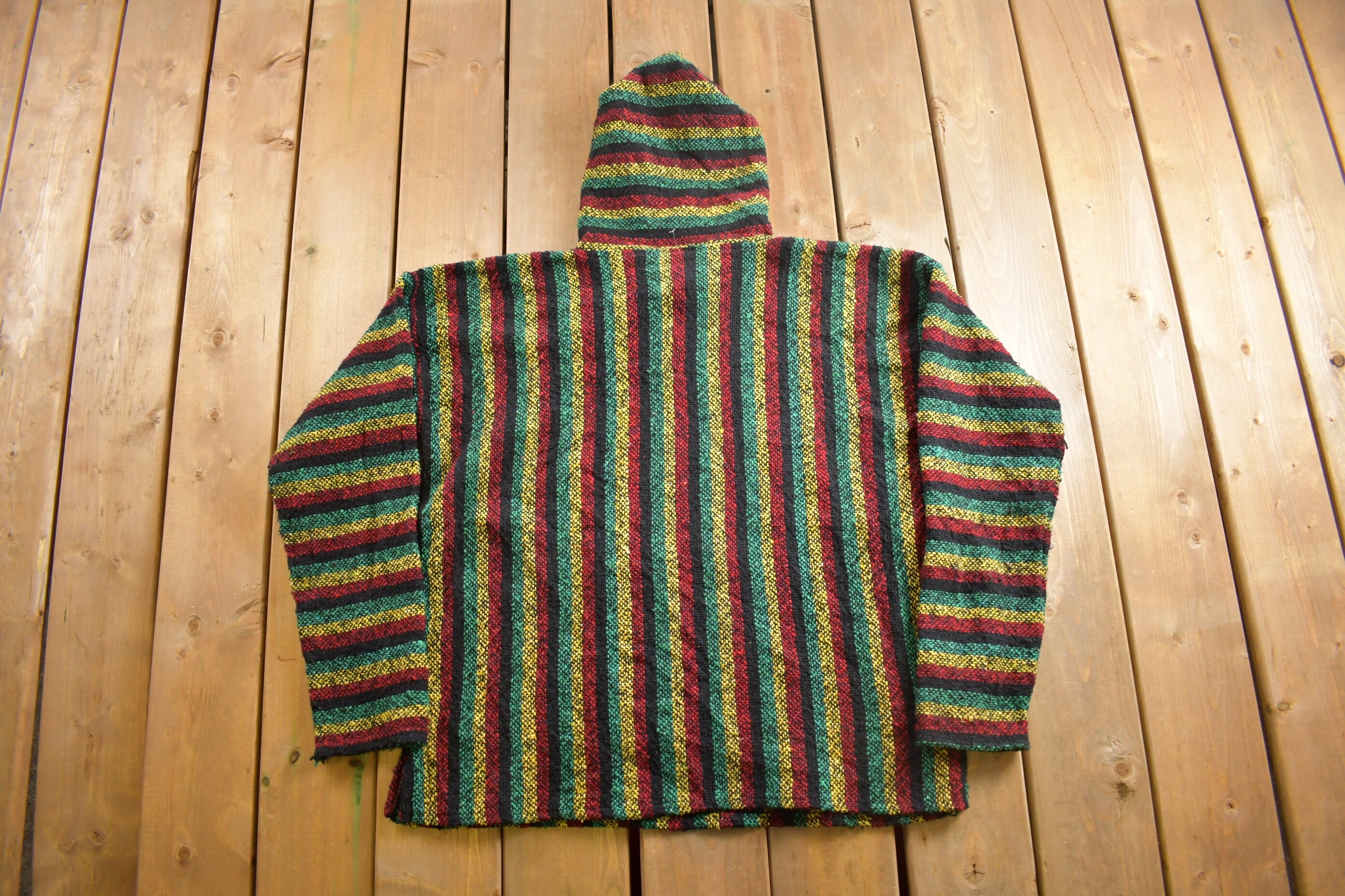 Vintage 1990s Baja Hooded Pullover Striped Knit Poncho Blanket Hoodie