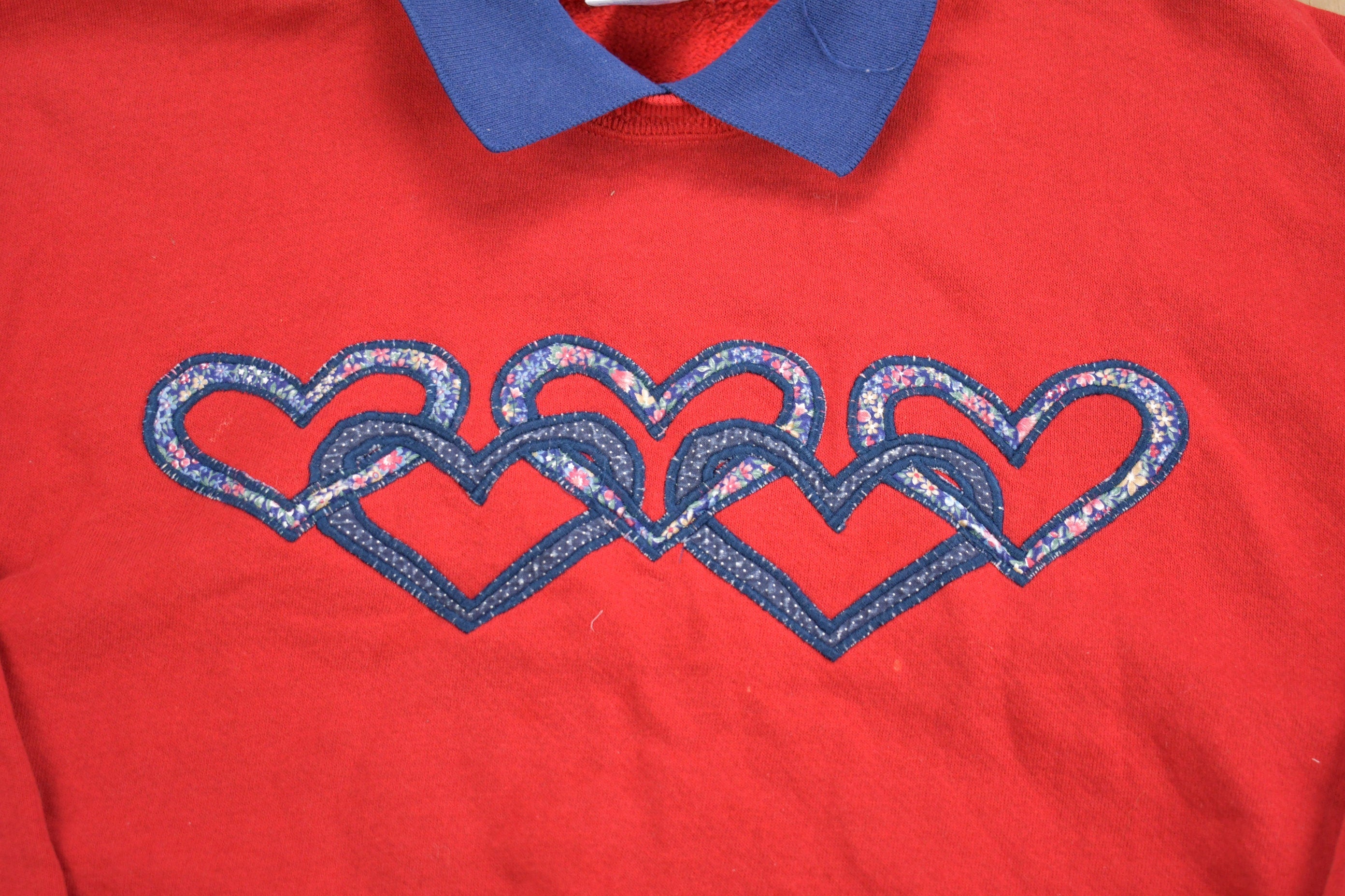 Vintage 1990s Heart Embroidered Cute Collared Crewneck Sweater