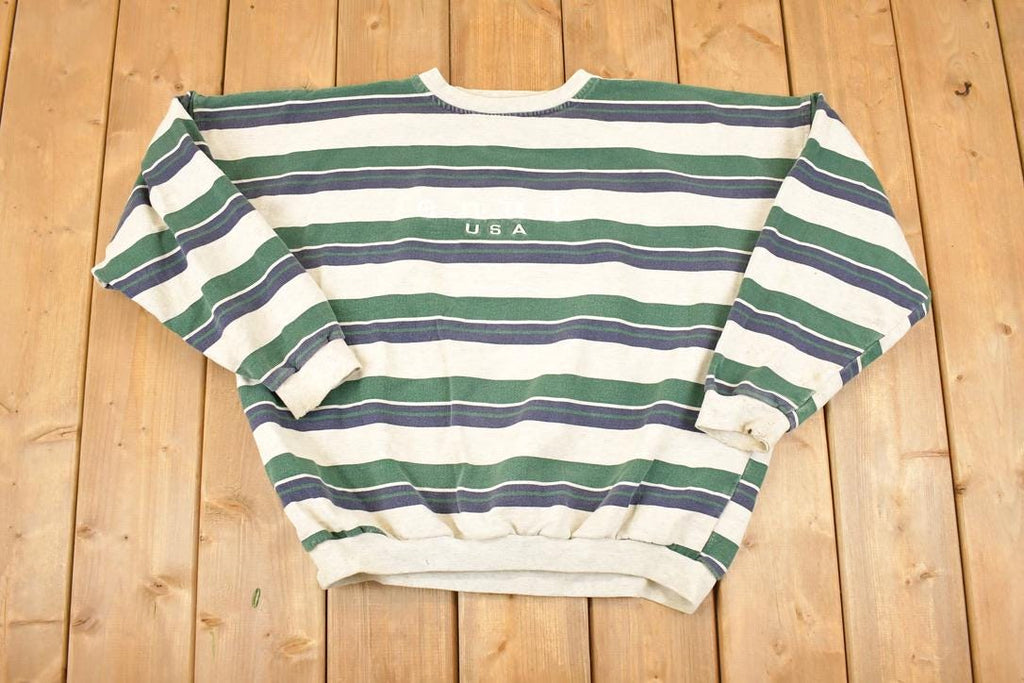 Vintage 1990s Enuf International Striped Embroidered Crewneck Sweatshirt Women's XL Cropped  Made In USA  90's Destination Sweater