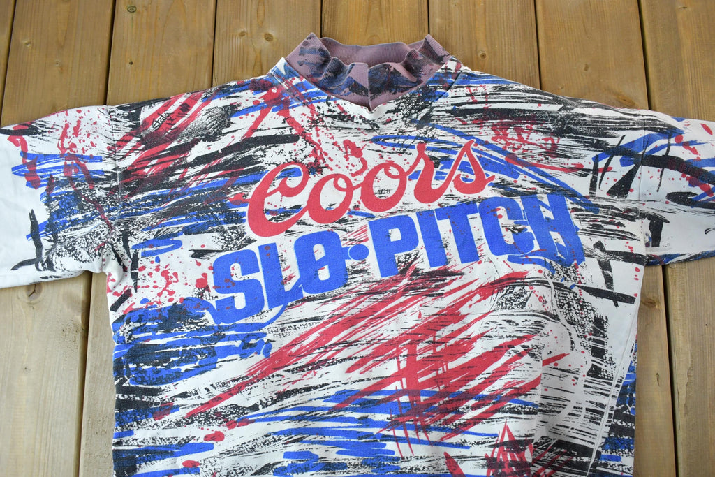 Vintage 1990s Coors Slo Pitch Collared All Over Print Crewneck Sweatshirt