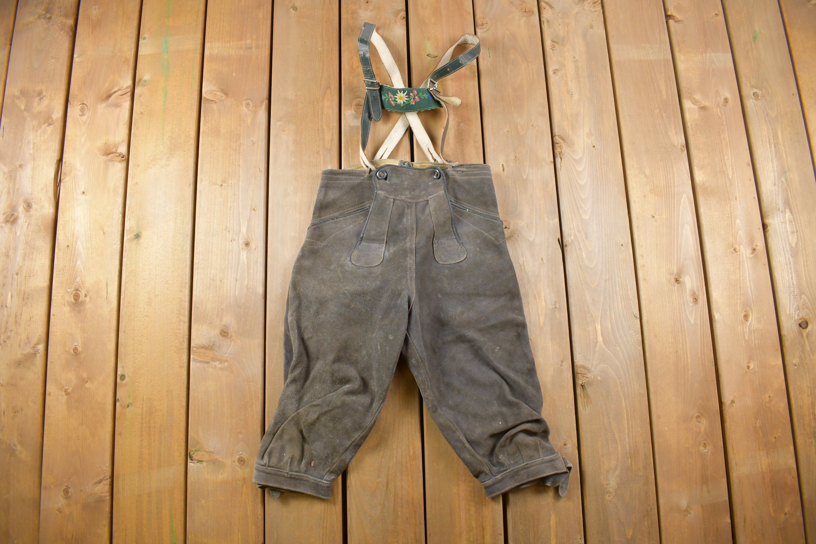 Vintage 1990s Leather Shorts with Suspenders Size 25